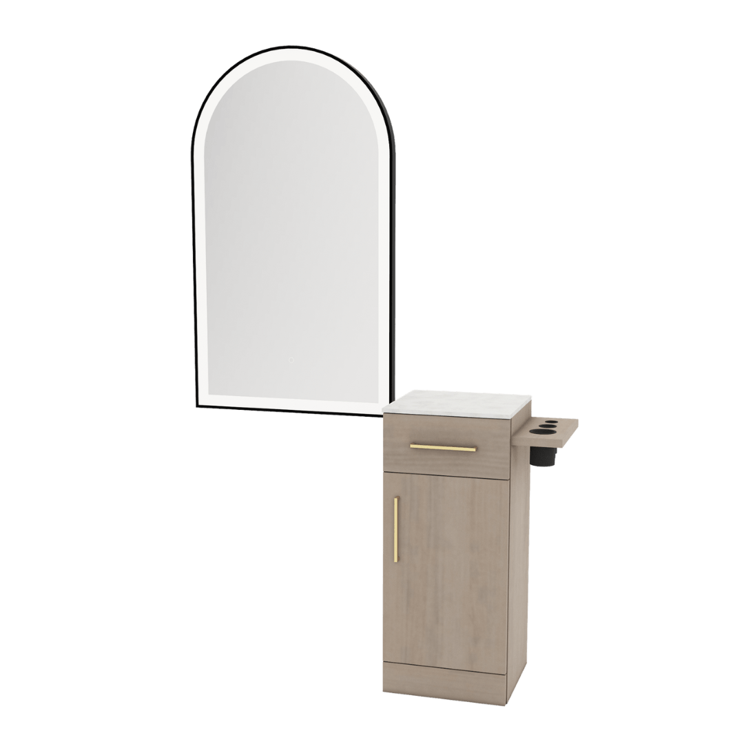 Nova Tower Free Standing Styling Station with Side-Mount Appliance Holder, Solid Surface Countertop, and Black Arch Paloma Mirror - Kaemark