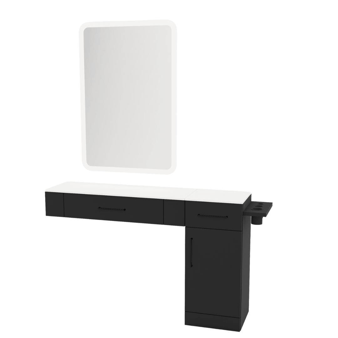 Nova Combo Wall Mount Styling Station with Side-Mount Appliance Holder, Solid Surface Countertop, and White Rectangle Illuminate Back Lit Mirror - Kaemark