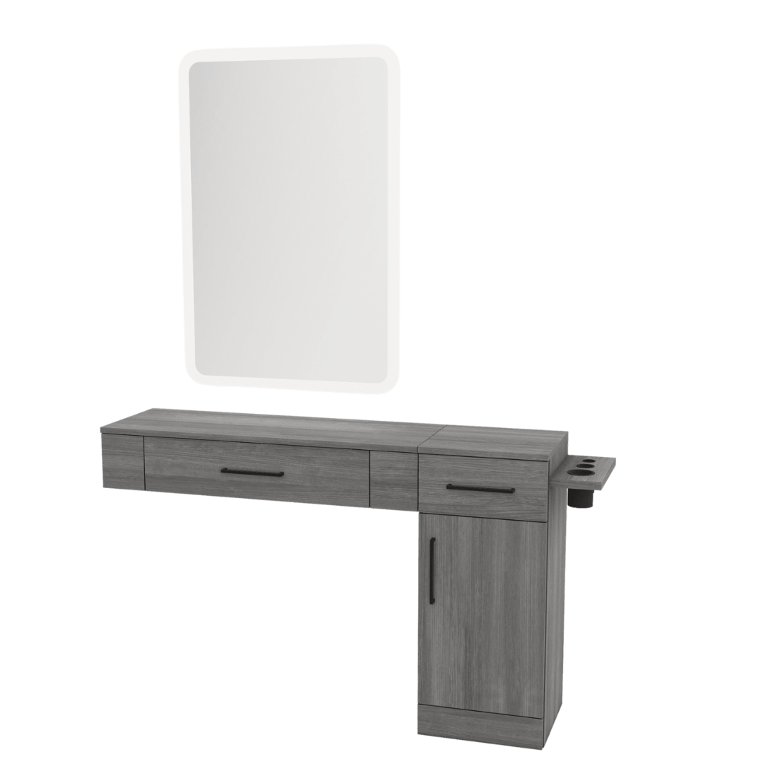 Nova Combo Wall Mount Styling Station with Side-Mount Appliance Holder and White Rectangle Illuminate Back Lit Mirror - Kaemark