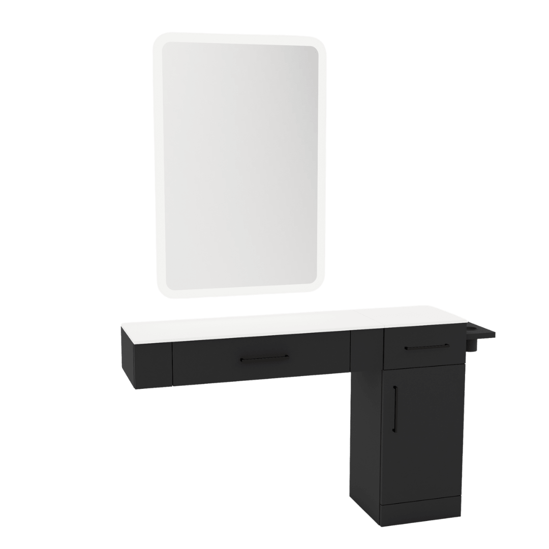 Nova Combo Wall Mount Styling Station with Side-Mount Appliance Holder, Solid Surface Countertop, and White Rectangle Illuminate Back Lit Mirror - Kaemark