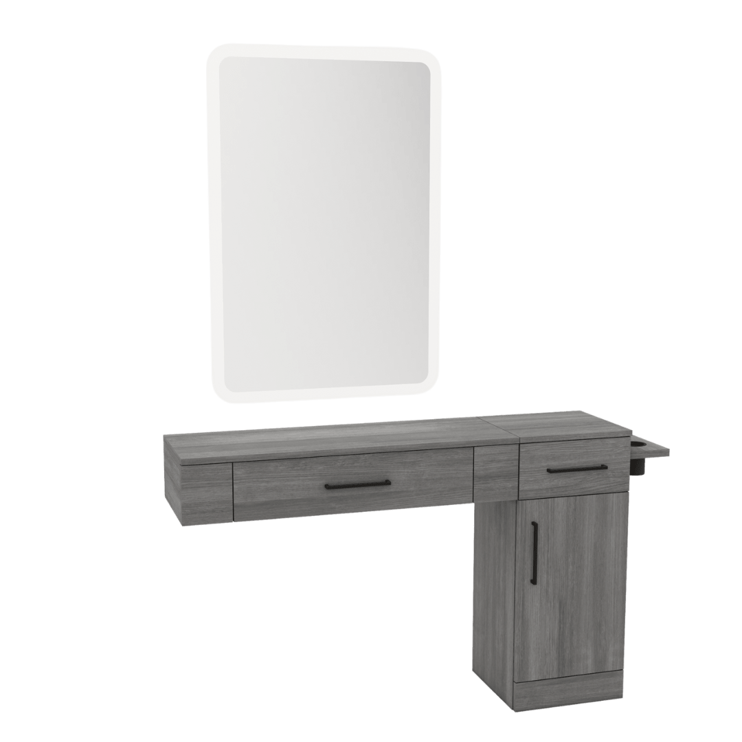 Nova Combo Wall Mount Styling Station with Side-Mount Appliance Holder and White Rectangle Illuminate Back Lit Mirror - Kaemark