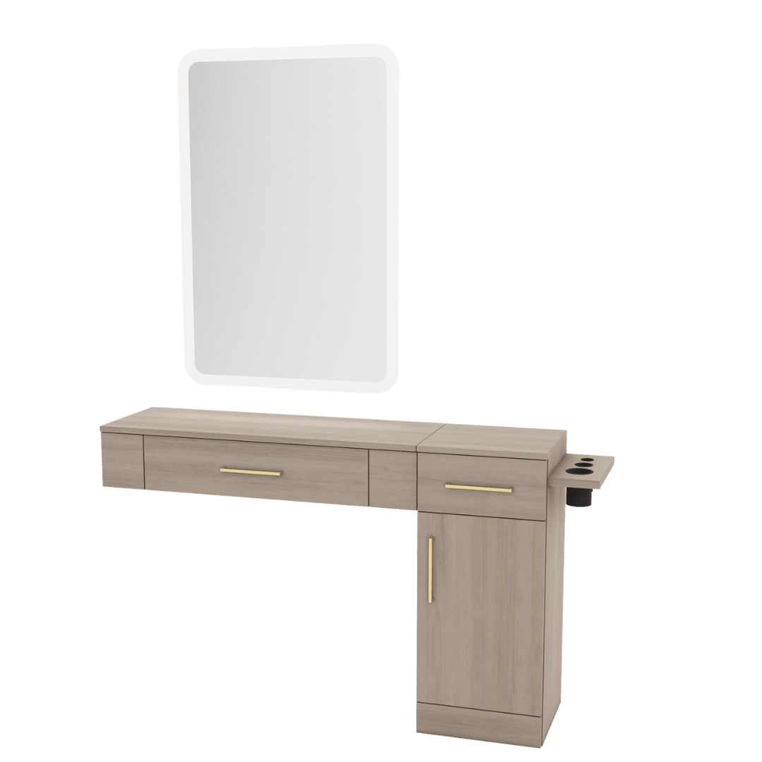 Nova Combo Wall Mount Styling Station with Side-Mount Appliance Holder and White Rectangle Illuminate Back Lit Mirror - Kaemark