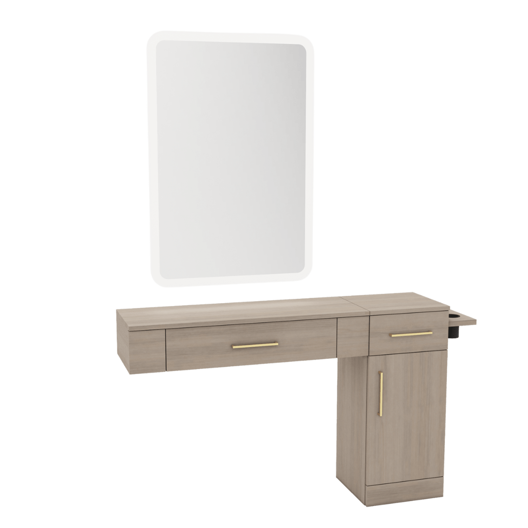 Nova Combo Wall Mount Styling Station with Side-Mount Appliance Holder and White Rectangle Illuminate Back Lit Mirror - Kaemark