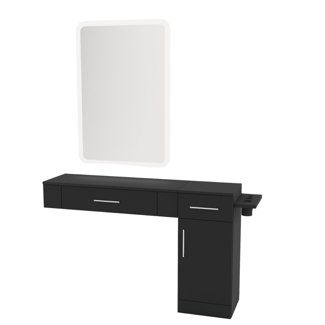Nova Combo Wall Mount Styling Station with Side-Mount Appliance Holder and White Rectangle Illuminate Back Lit Mirror - Kaemark