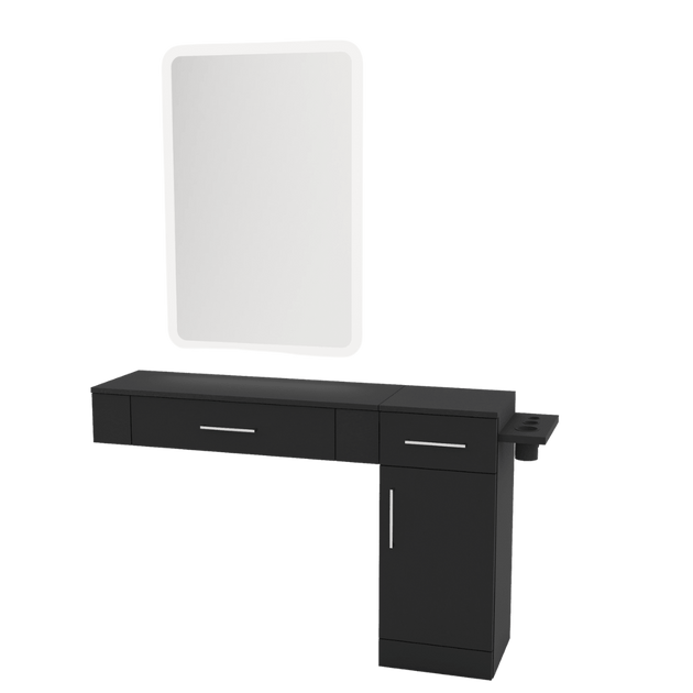 Nova Combo Wall Mount Styling Station with Side-Mount Appliance Holder and White Rectangle Illuminate Back Lit Mirror - Kaemark