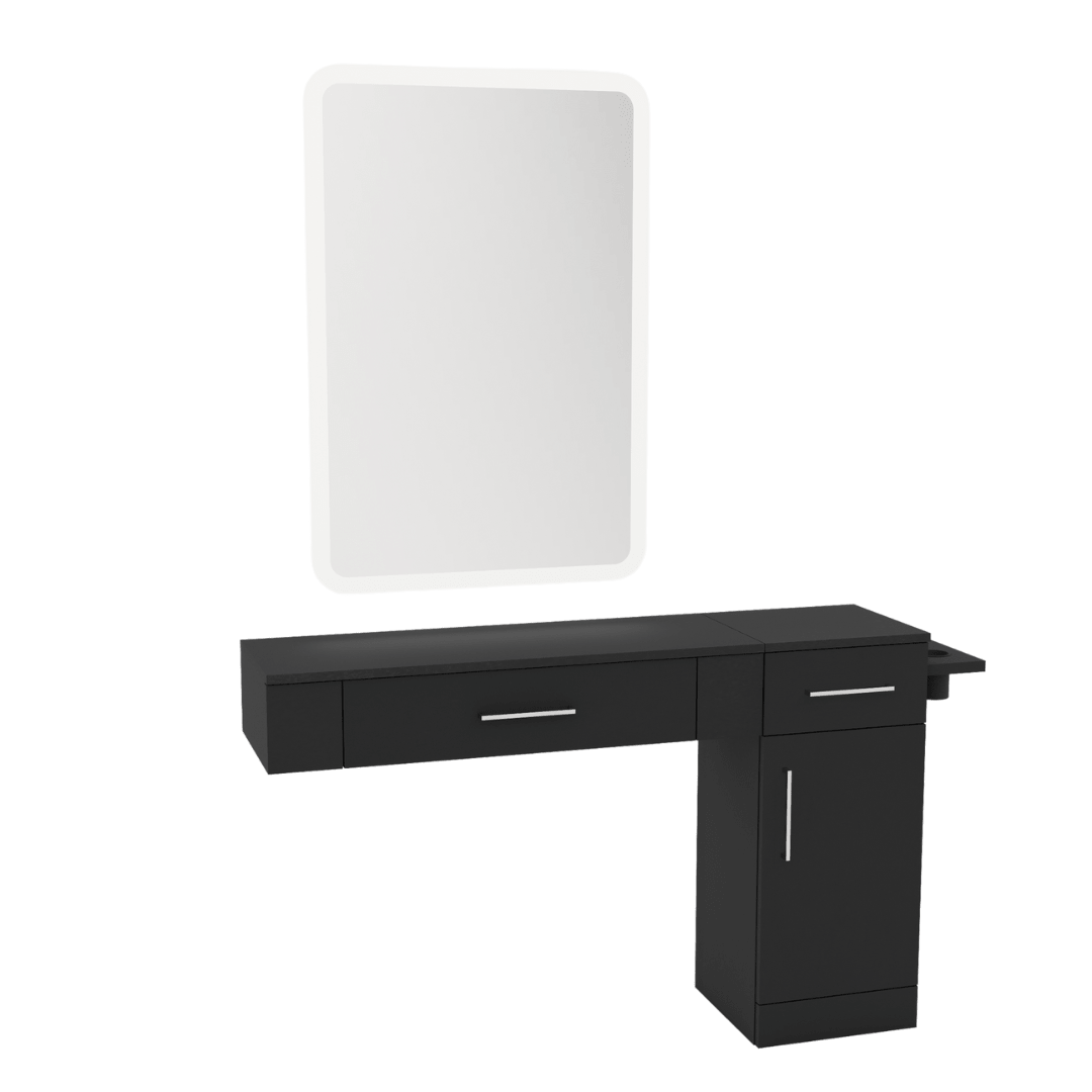 Nova Combo Wall Mount Styling Station with Side-Mount Appliance Holder and White Rectangle Illuminate Back Lit Mirror - Kaemark