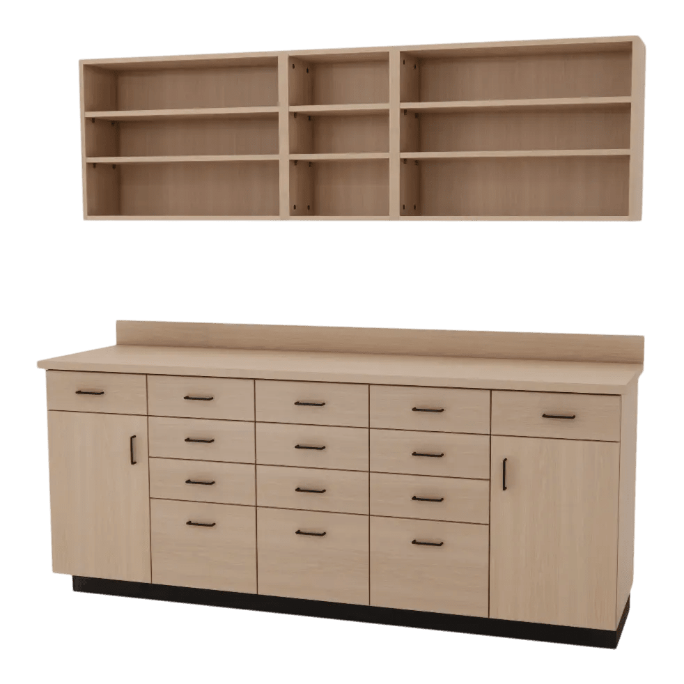 VetPro RX - 7' Wall-Mount Shelves and Combo Base Cabinet Pharmacy Room Veterinary Cabinet Package - Kaemark