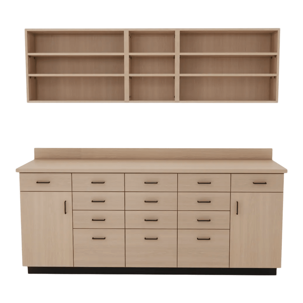 VetPro RX - 7' Wall-Mount Shelves and Combo Base Cabinet Pharmacy Room Veterinary Cabinet Package - Kaemark