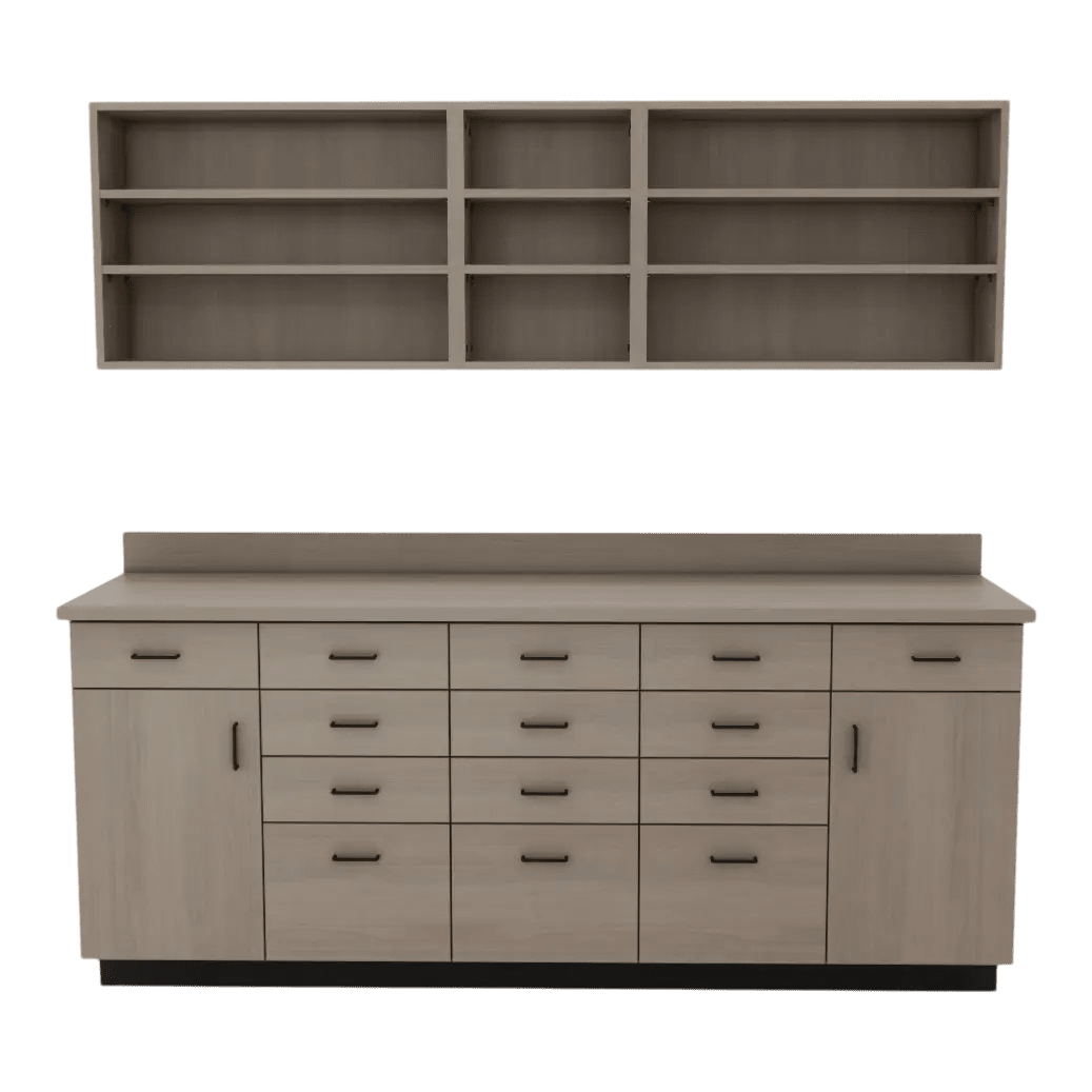 VetPro RX - 7' Wall-Mount Shelves and Combo Base Cabinet Pharmacy Room Veterinary Cabinet Package - Kaemark