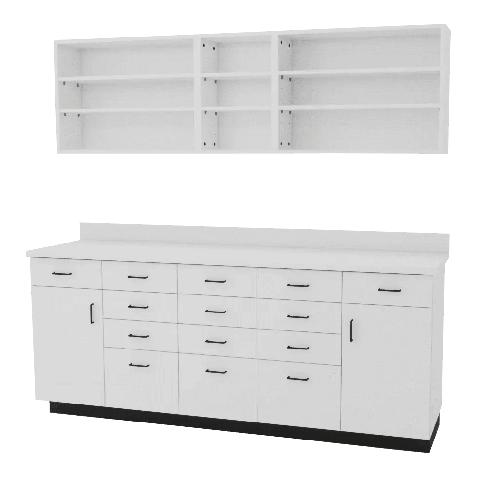 VetPro RX - 7' Wall-Mount Shelves and Combo Base Cabinet Pharmacy Room Veterinary Cabinet Package - Kaemark