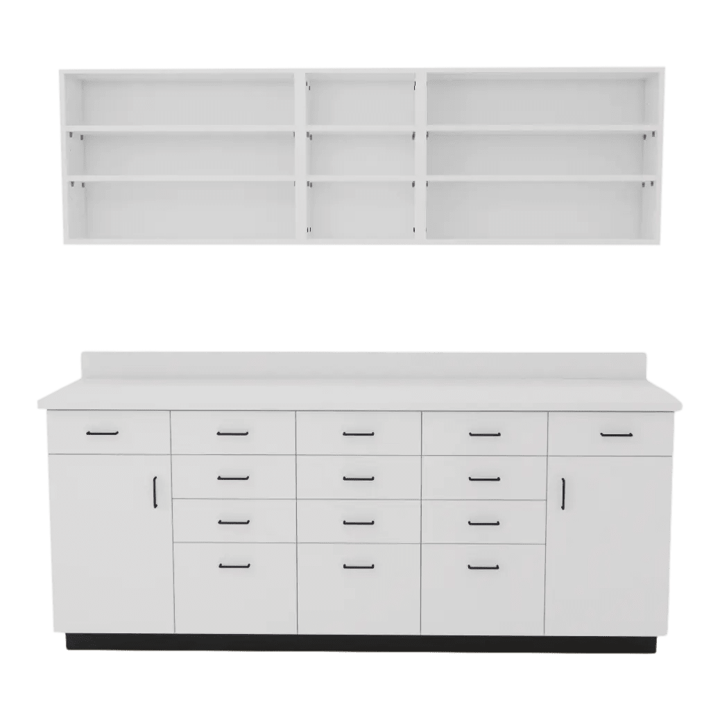 VetPro RX - 7' Wall-Mount Shelves and Combo Base Cabinet Pharmacy Room Veterinary Cabinet Package - Kaemark