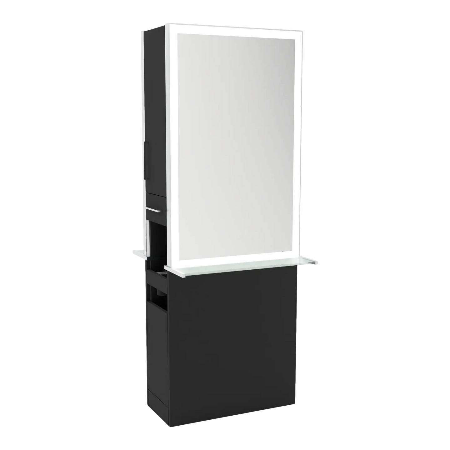 Glo Double Operator Styling Station with Slide-out Appliance Holder, Glass Shelf, and Silver Rectangle Glo Mirror - Kaemark