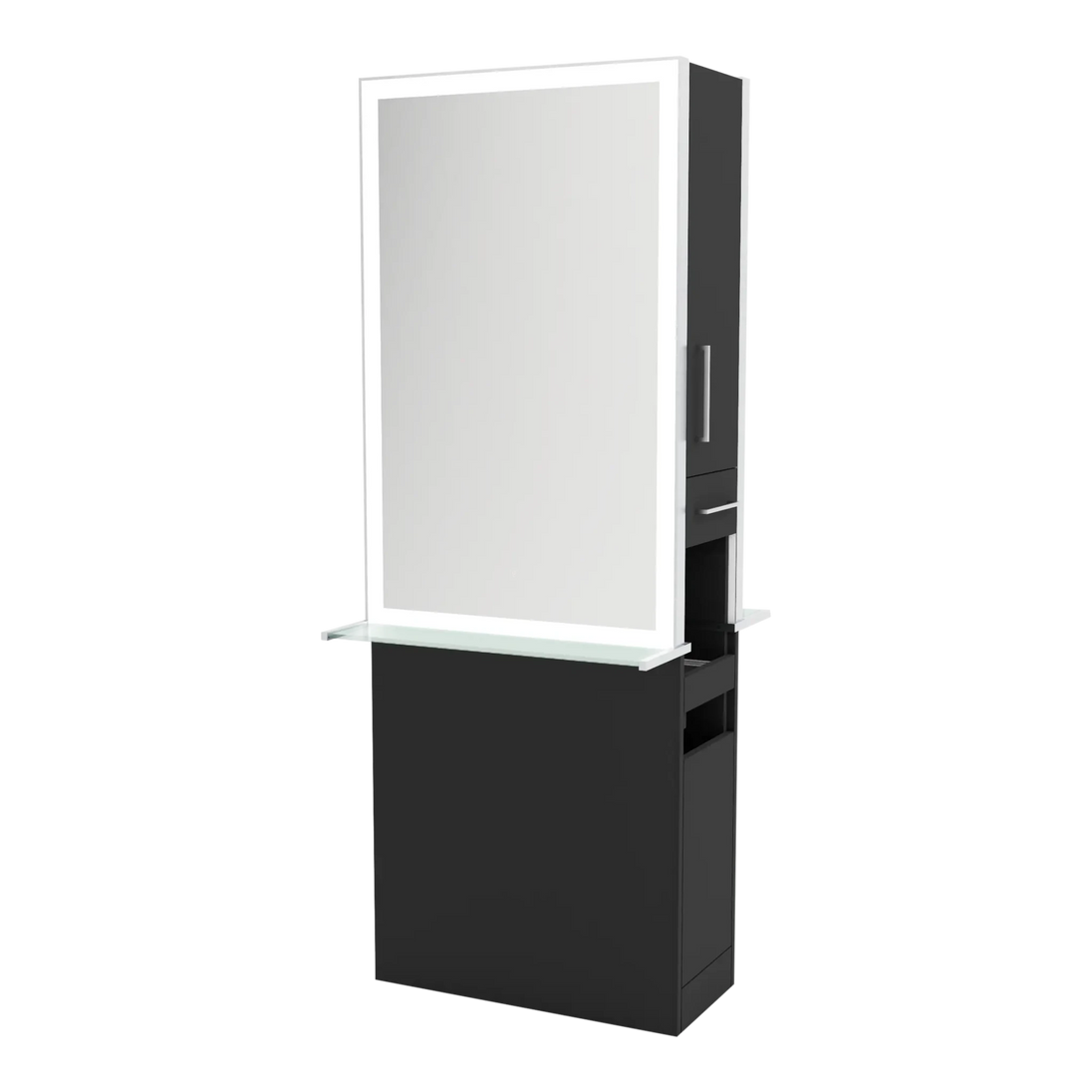 Glo Double Operator Styling Station with Slide-out Appliance Holder, Glass Shelf, and Silver Rectangle Glo Mirror - Kaemark