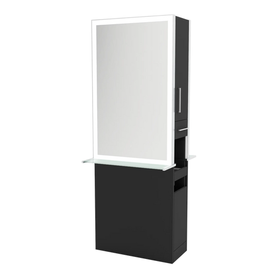 Glo Double Operator Styling Station with Slide-out Appliance Holder, Glass Shelf, and Silver Rectangle Glo Mirror - Kaemark