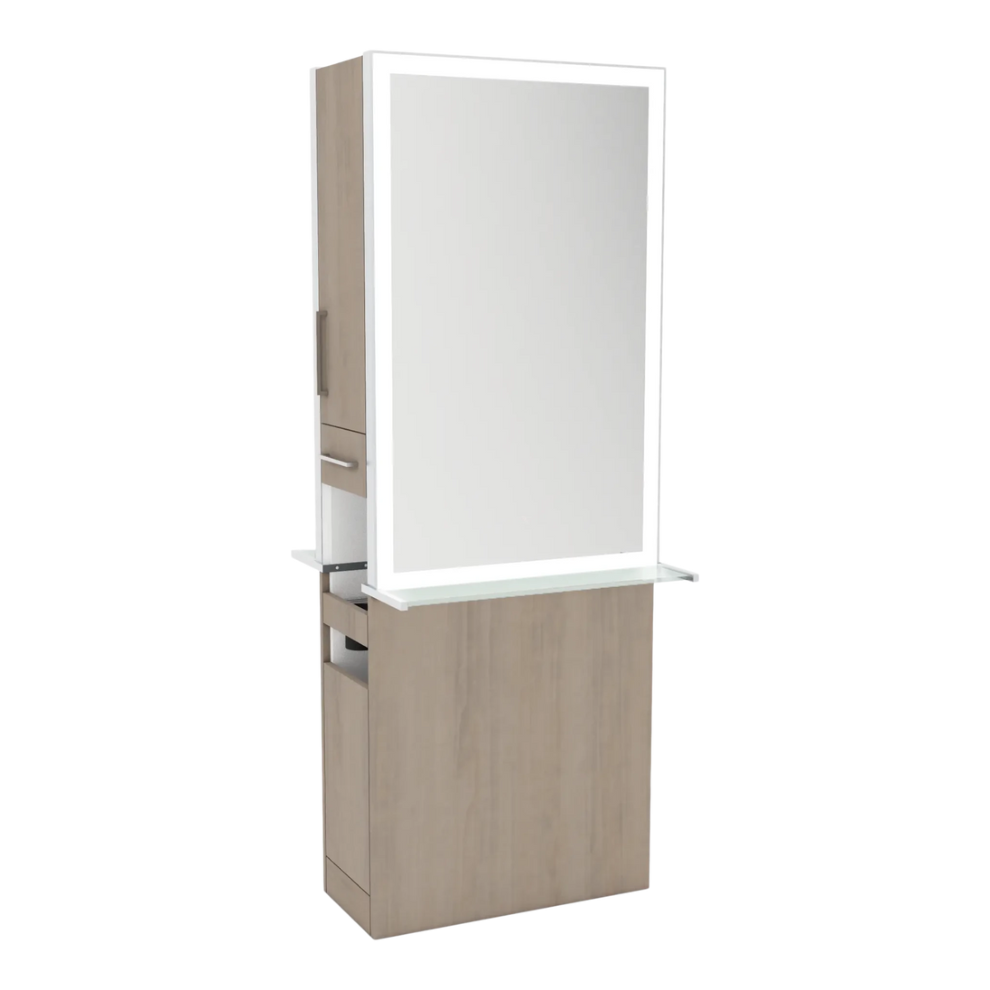 Glo Double Operator Styling Station with Slide-out Appliance Holder, Glass Shelf, and Silver Rectangle Glo Mirror - Kaemark