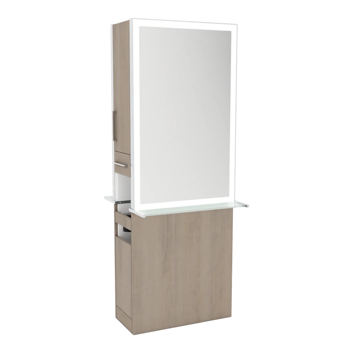 Glo Double Operator Styling Station with Slide-out Appliance Holder, Glass Shelf, and Silver Rectangle Glo Mirror - Kaemark