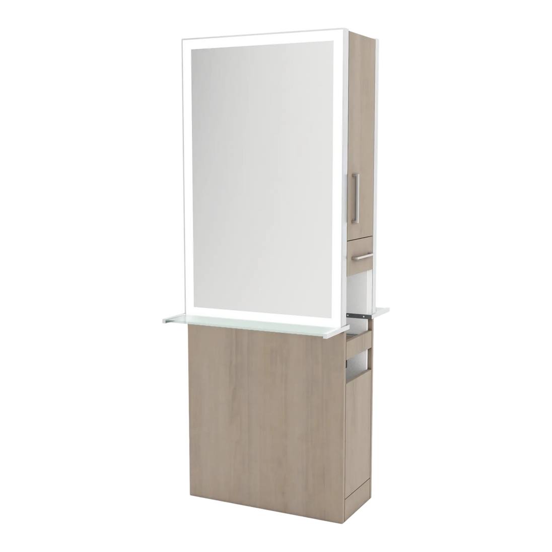 Glo Double Operator Styling Station with Slide-out Appliance Holder, Glass Shelf, and Silver Rectangle Glo Mirror - Kaemark