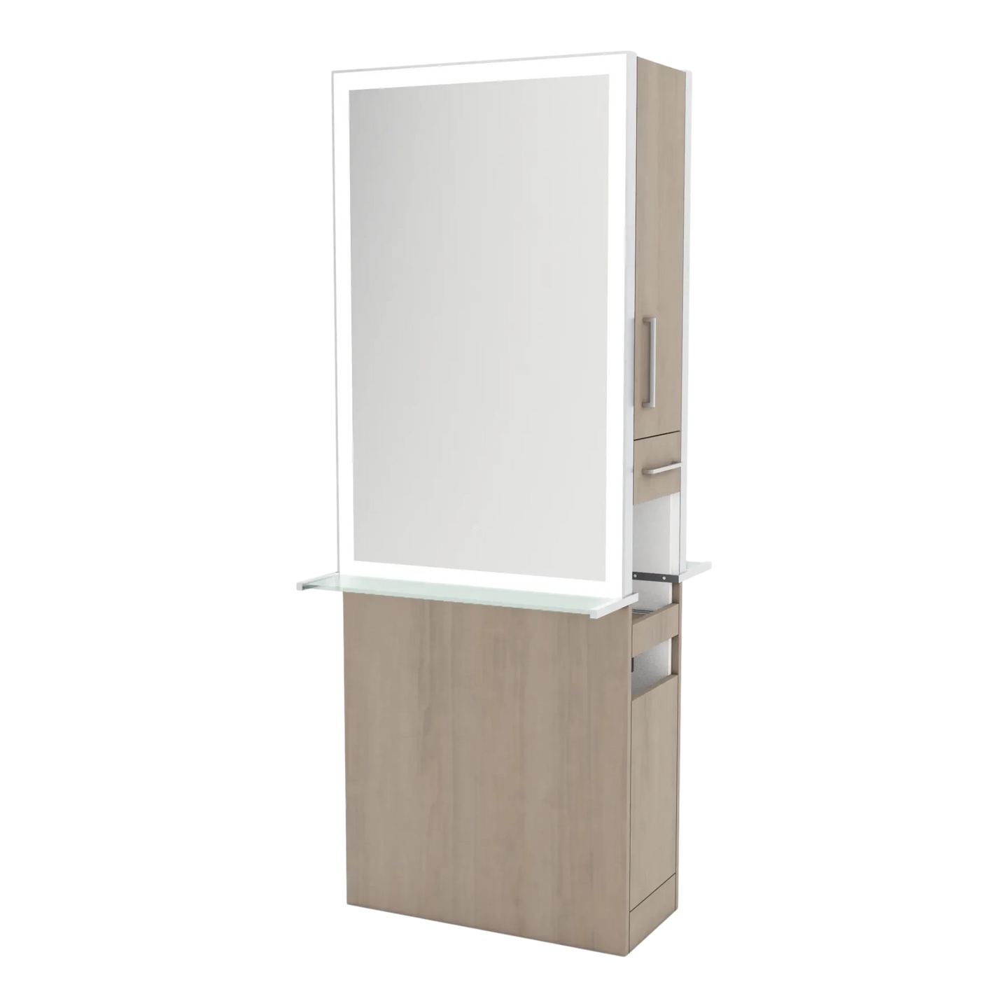 Glo Double Operator Styling Station with Slide-out Appliance Holder, Glass Shelf, and Silver Rectangle Glo Mirror - Kaemark