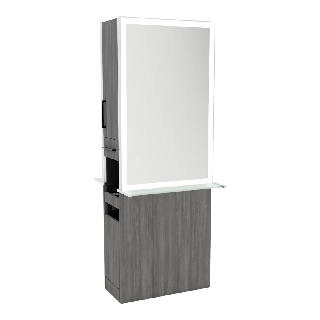 Glo Double Operator Styling Station with Slide-out Appliance Holder, Glass Shelf, and Silver Rectangle Glo Mirror - Kaemark