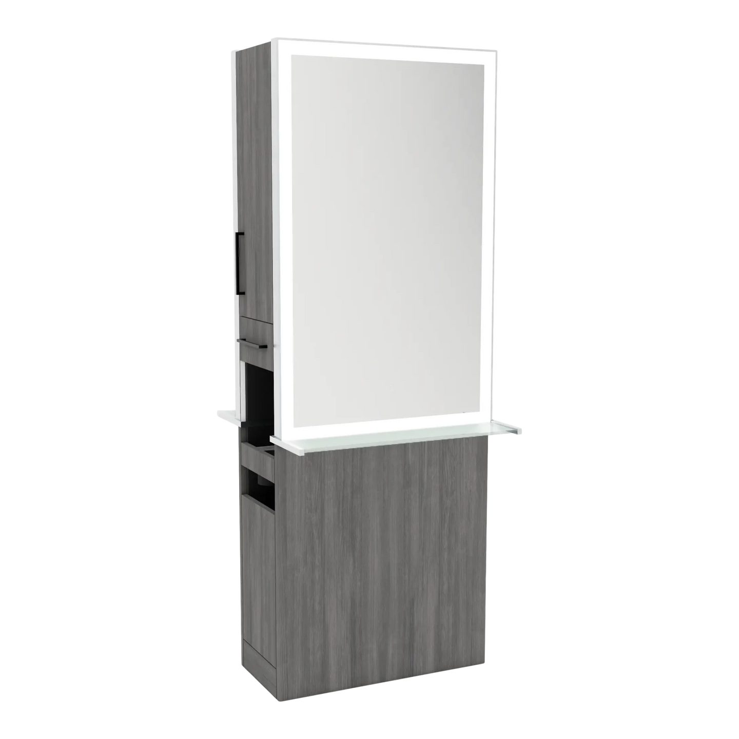 Glo Double Operator Styling Station with Slide-out Appliance Holder, Glass Shelf, and Silver Rectangle Glo Mirror - Kaemark
