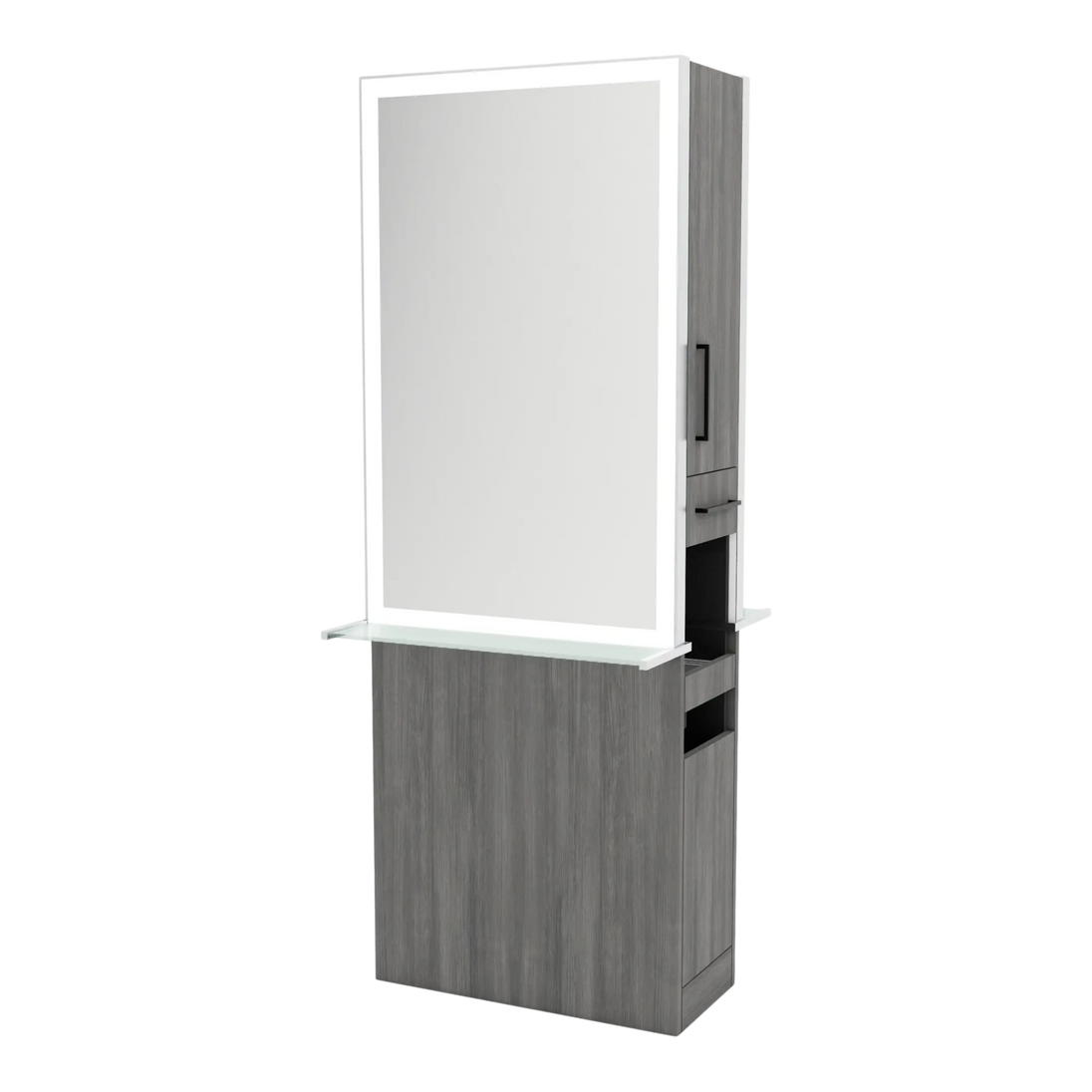 Glo Double Operator Styling Station with Slide-out Appliance Holder, Glass Shelf, and Silver Rectangle Glo Mirror - Kaemark