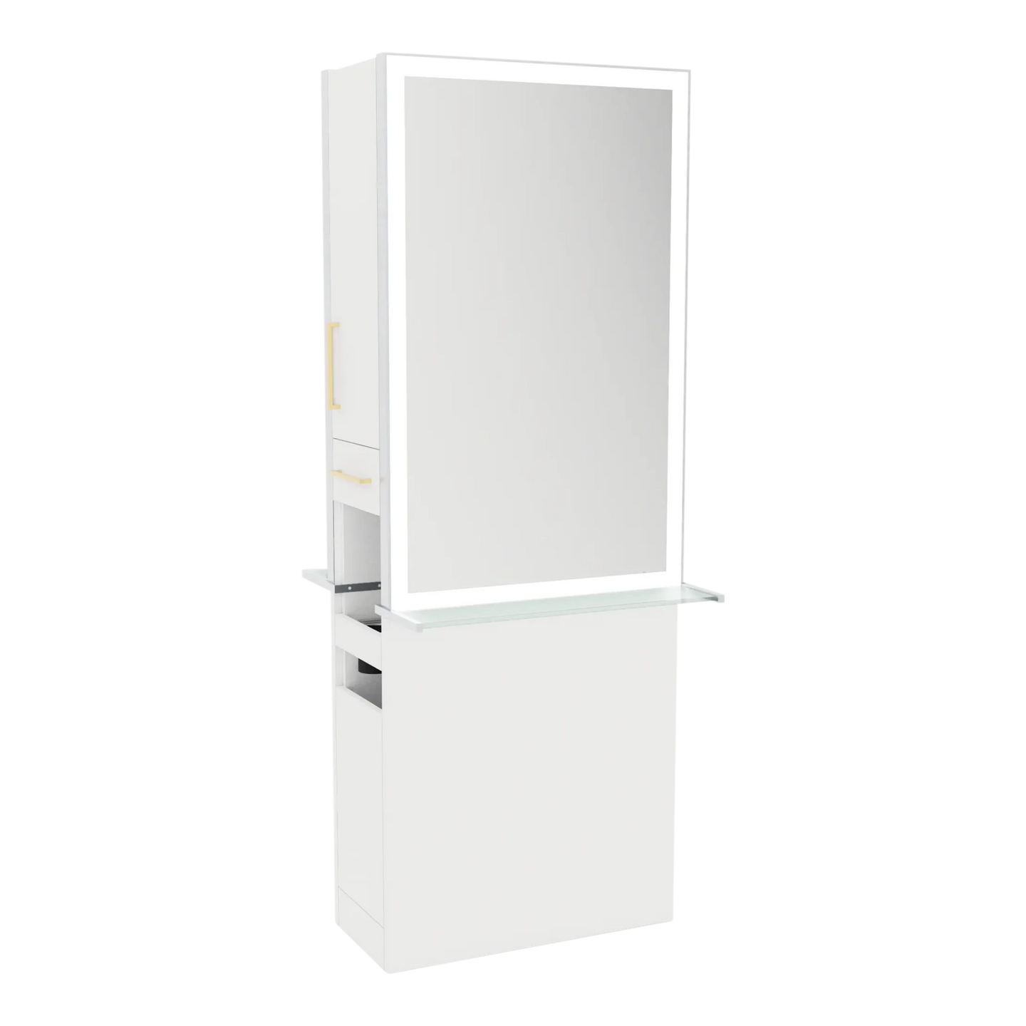 Glo Double Operator Styling Station with Slide-out Appliance Holder, Glass Shelf, and Silver Rectangle Glo Mirror - Kaemark