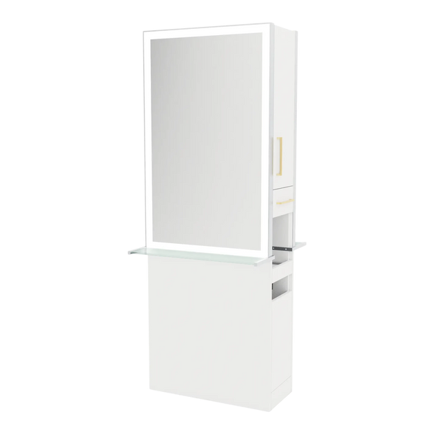 Glo Double Operator Styling Station with Slide-out Appliance Holder, Glass Shelf, and Silver Rectangle Glo Mirror - Kaemark