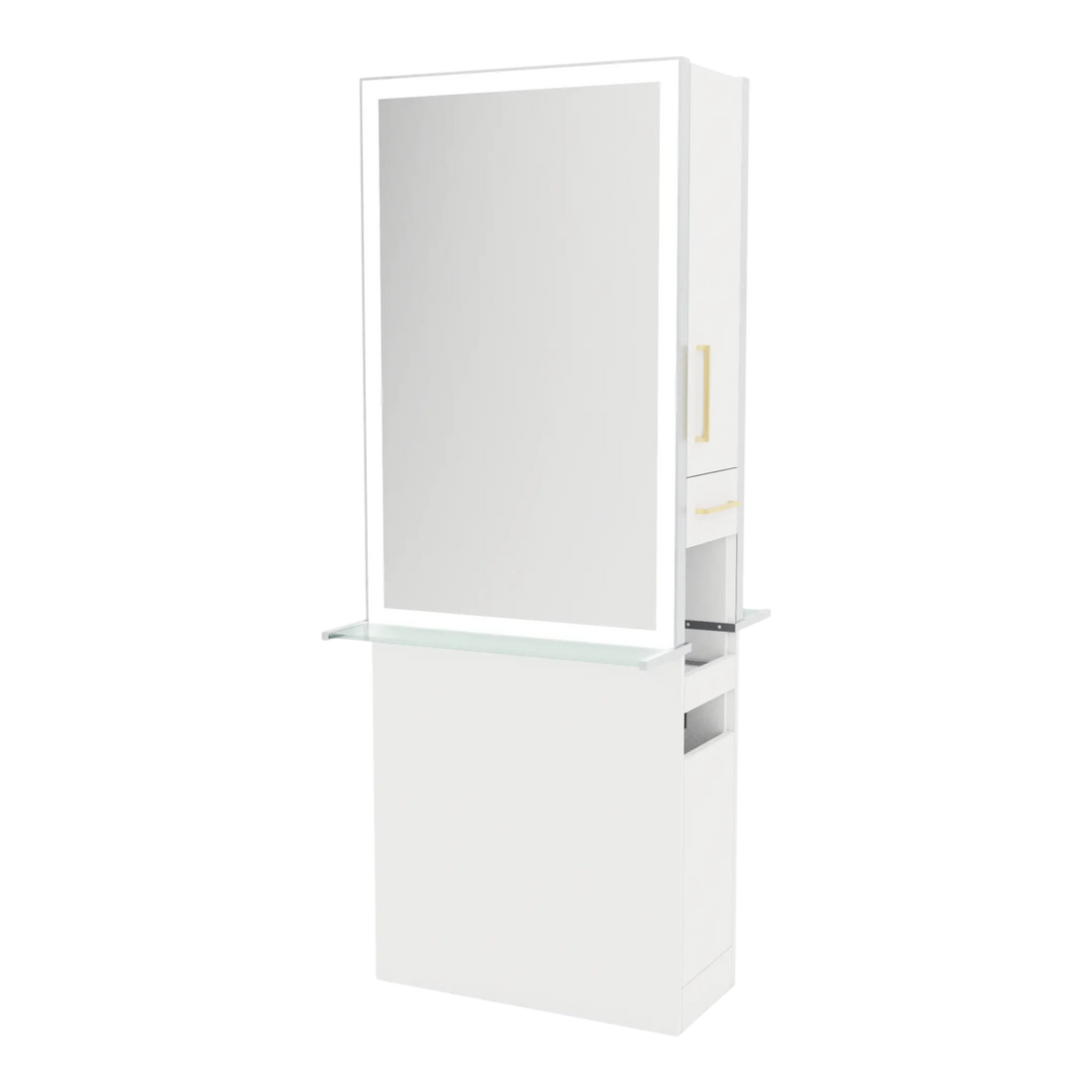 Glo Double Operator Styling Station with Slide-out Appliance Holder, Glass Shelf, and Silver Rectangle Glo Mirror - Kaemark