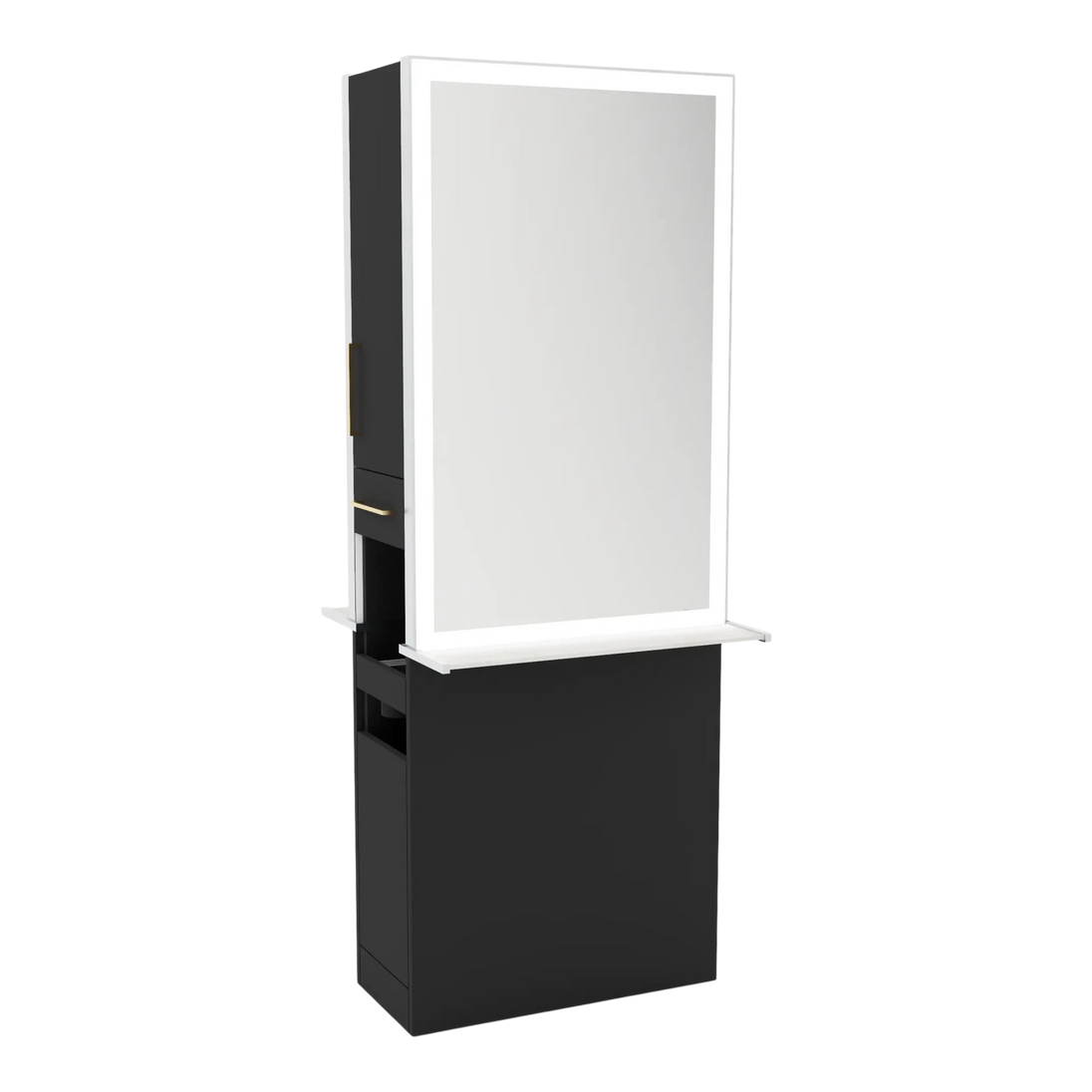 Glo Double Operator Styling Station with Slide-out Appliance Holder, Solid Surface Shelf, and Silver Rectangle Glo Mirror - Kaemark
