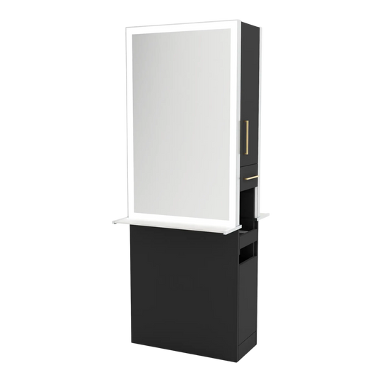 Glo Double Operator Styling Station with Slide-out Appliance Holder, Solid Surface Shelf, and Silver Rectangle Glo Mirror - Kaemark