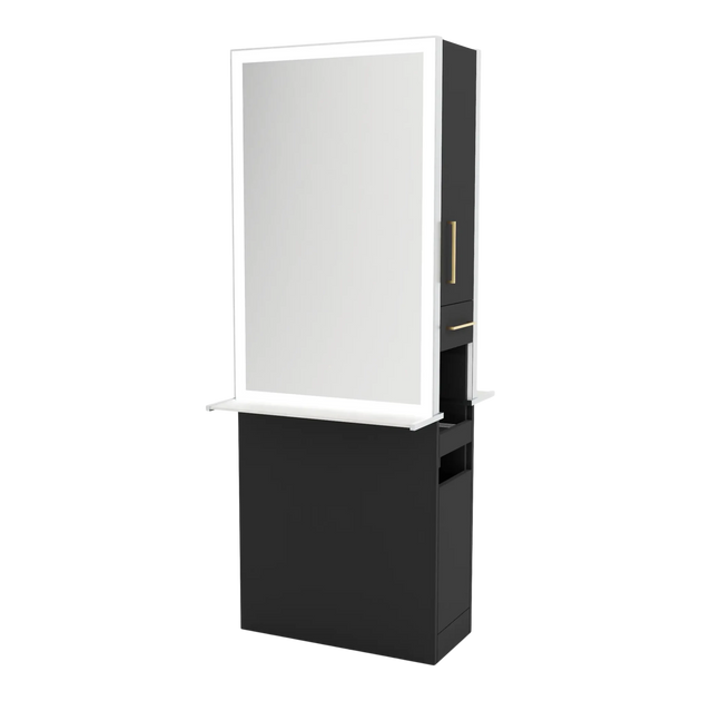 Glo Double Operator Styling Station with Slide-out Appliance Holder, Solid Surface Shelf, and Silver Rectangle Glo Mirror - Kaemark