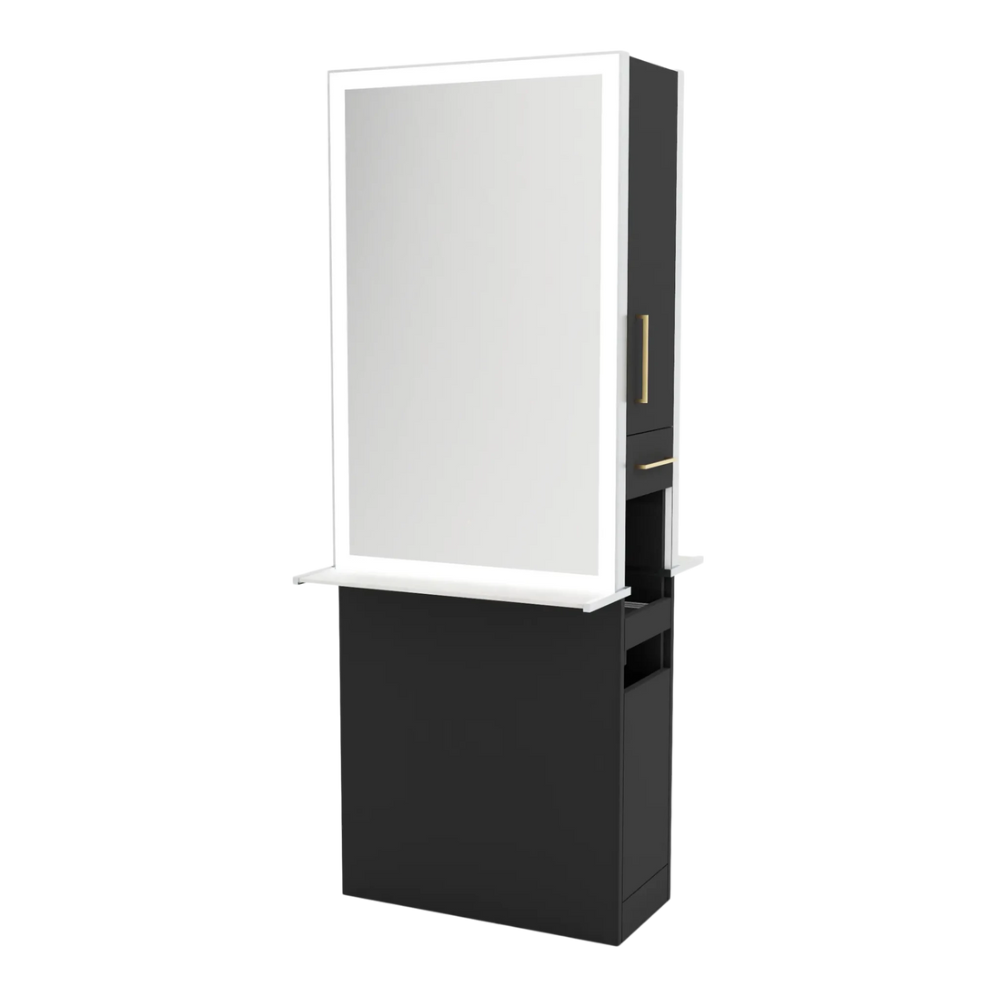 Glo Double Operator Styling Station with Slide-out Appliance Holder, Solid Surface Shelf, and Silver Rectangle Glo Mirror - Kaemark