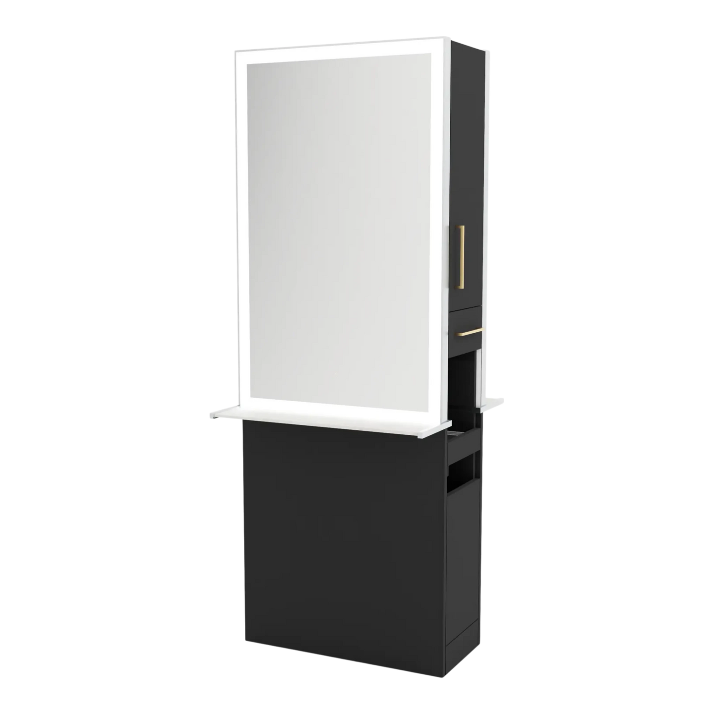 Glo Double Operator Styling Station with Slide-out Appliance Holder, Solid Surface Shelf, and Silver Rectangle Glo Mirror - Kaemark
