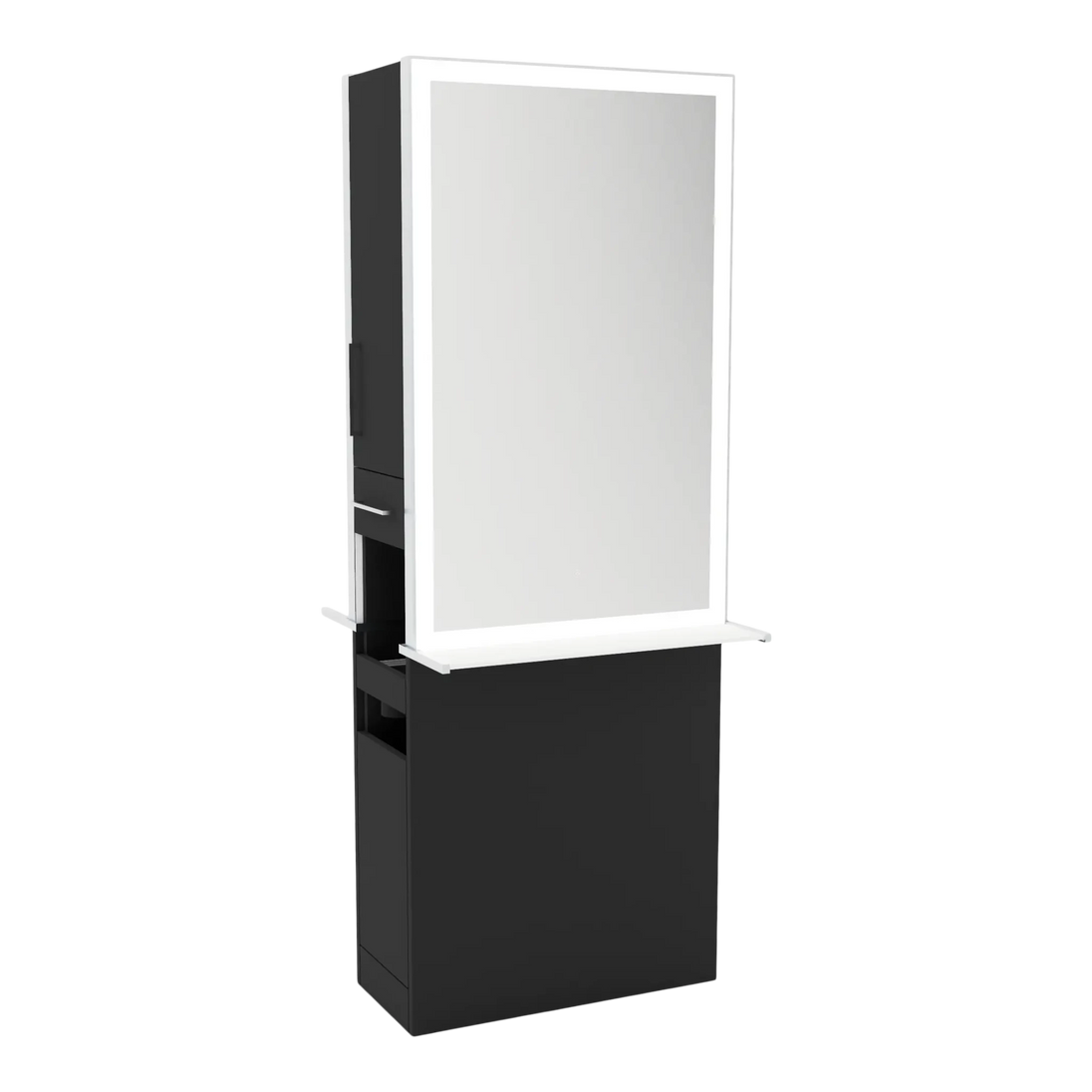 Glo Double Operator Styling Station with Slide-out Appliance Holder, Solid Surface Shelf, and Silver Rectangle Glo Mirror - Kaemark
