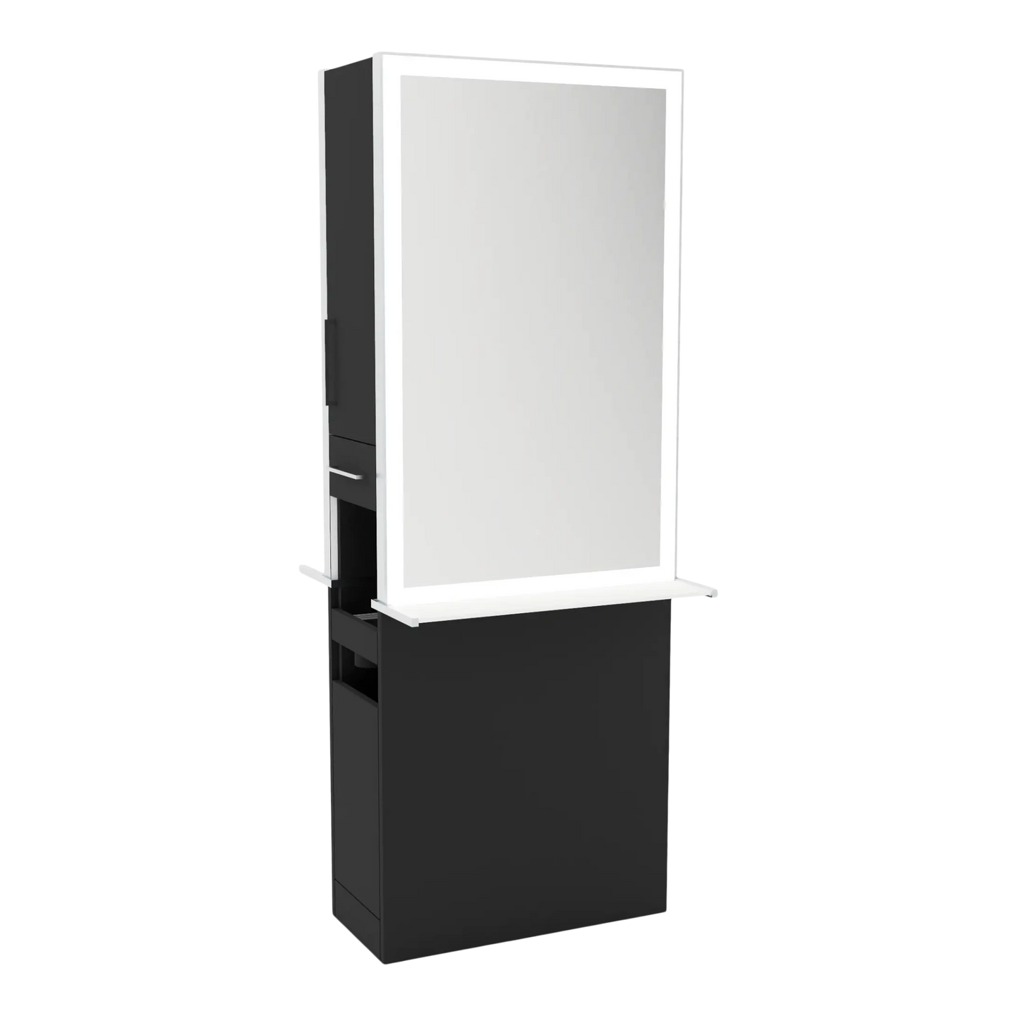 Glo Double Operator Styling Station with Slide-out Appliance Holder, Solid Surface Shelf, and Silver Rectangle Glo Mirror - Kaemark