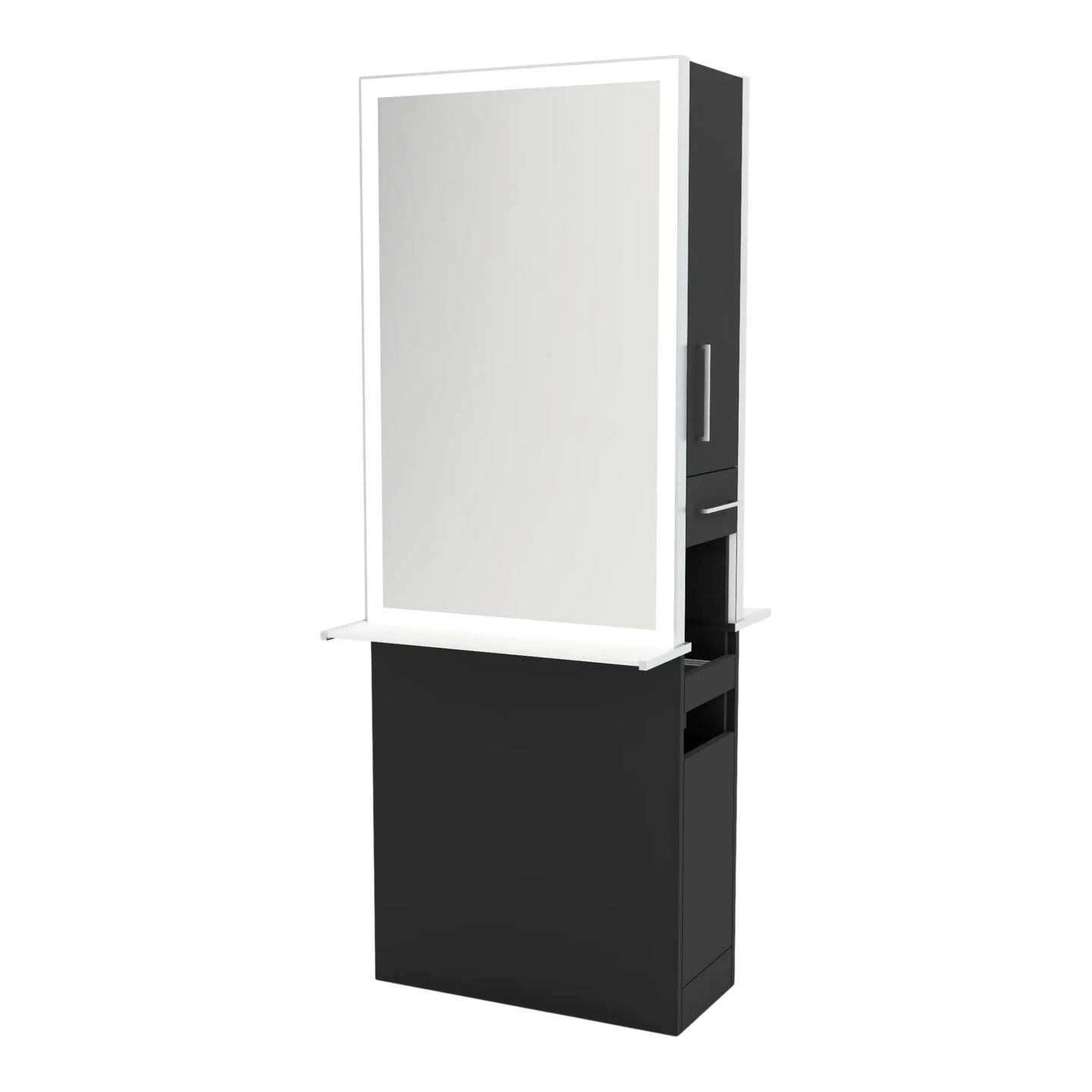 Glo Double Operator Styling Station with Slide-out Appliance Holder, Solid Surface Shelf, and Silver Rectangle Glo Mirror - Kaemark