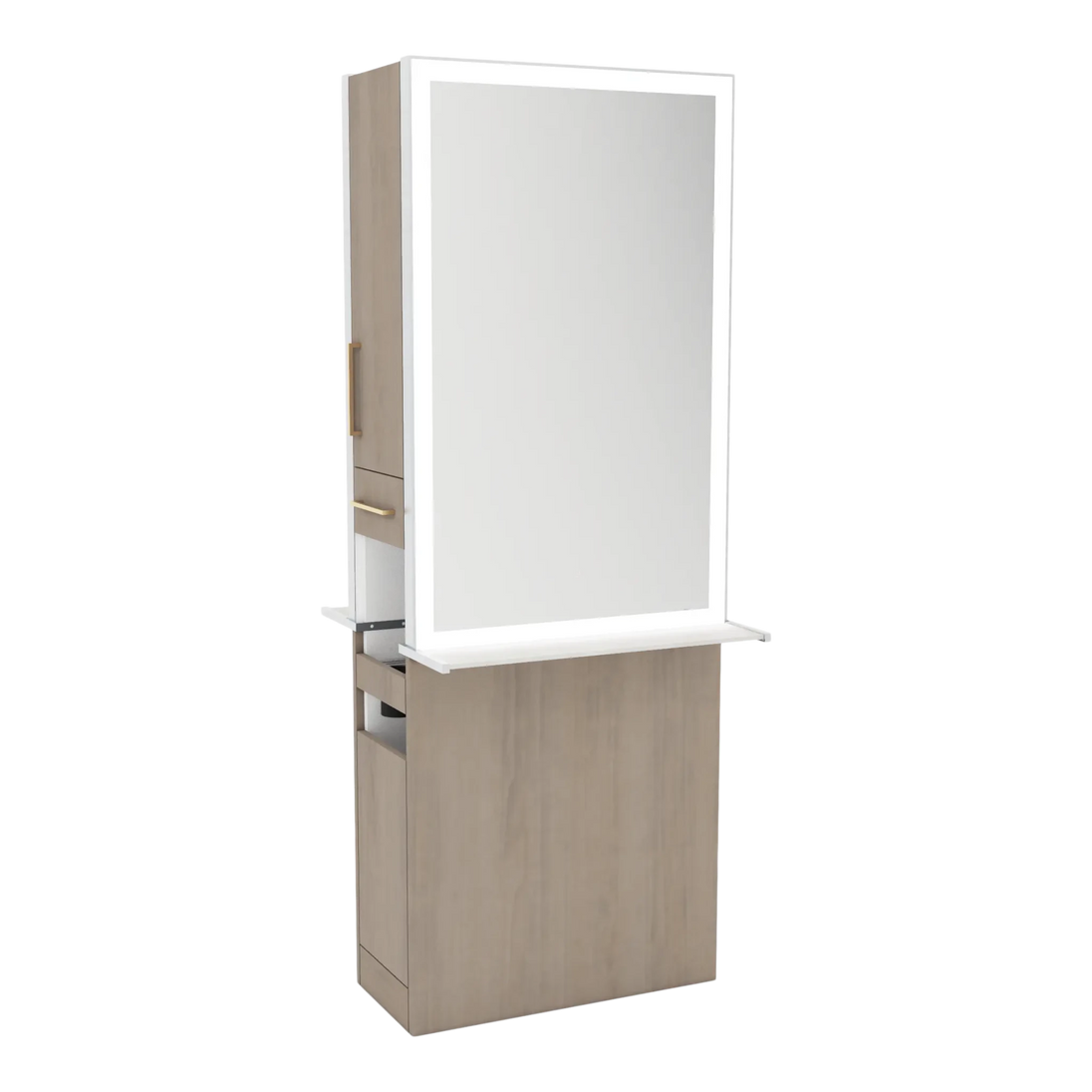 Glo Double Operator Styling Station with Slide-out Appliance Holder, Solid Surface Shelf, and Silver Rectangle Glo Mirror - Kaemark