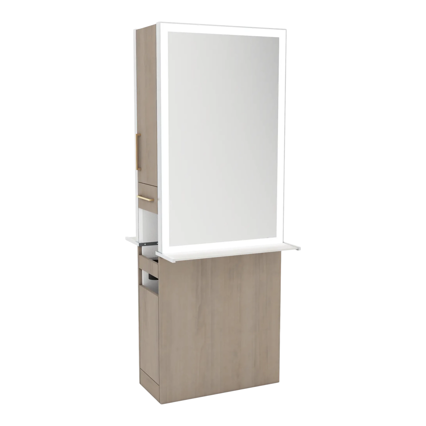 Glo Double Operator Styling Station with Slide-out Appliance Holder, Solid Surface Shelf, and Silver Rectangle Glo Mirror - Kaemark