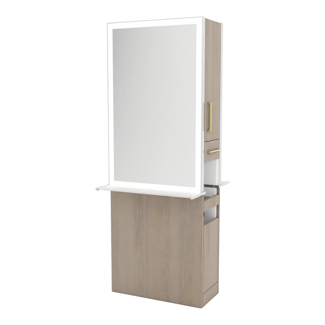Glo Double Operator Styling Station with Slide-out Appliance Holder, Solid Surface Shelf, and Silver Rectangle Glo Mirror - Kaemark