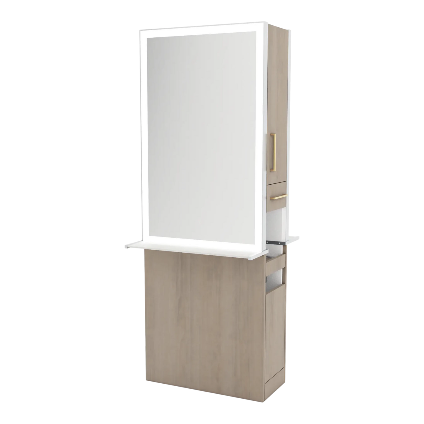 Glo Double Operator Styling Station with Slide-out Appliance Holder, Solid Surface Shelf, and Silver Rectangle Glo Mirror - Kaemark