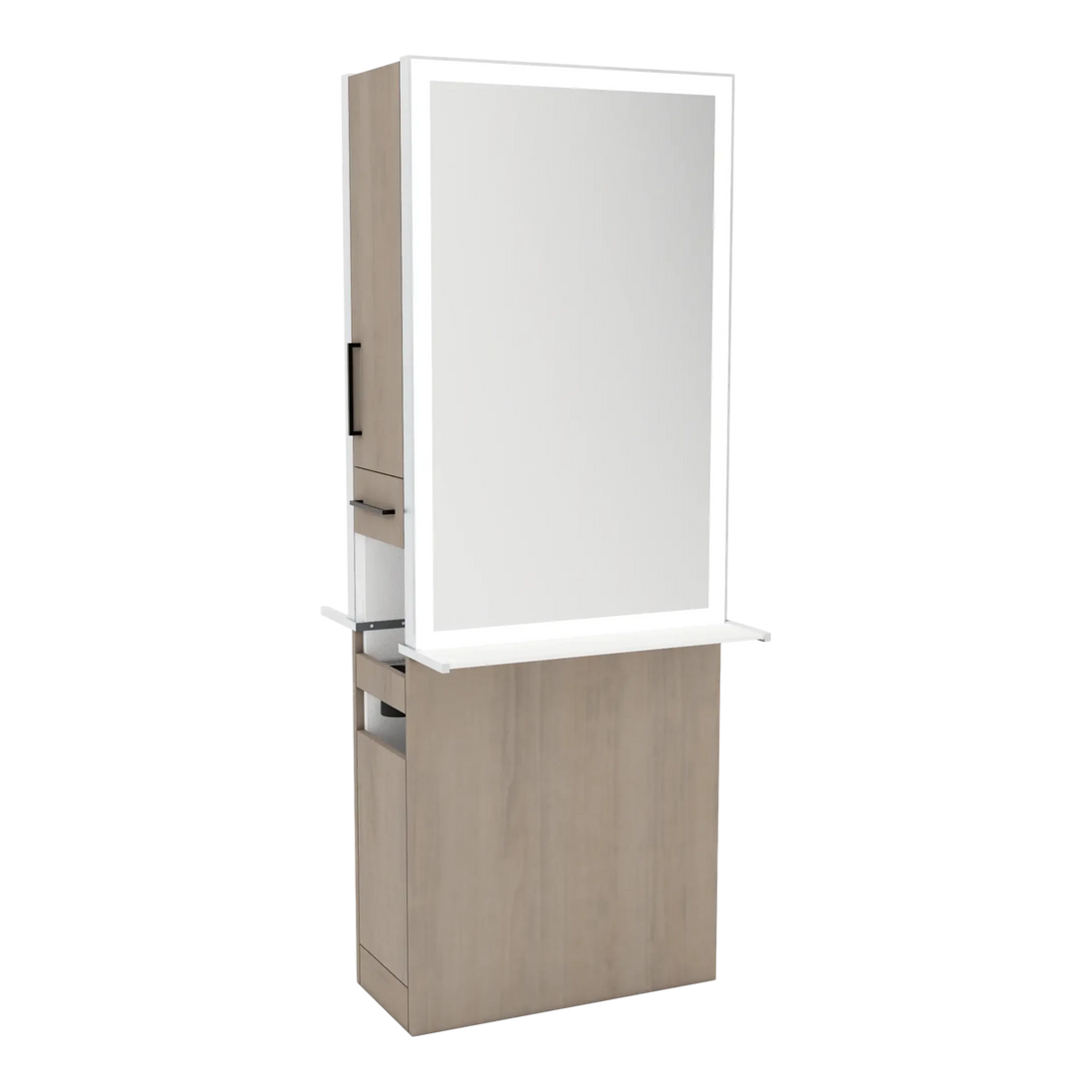 Glo Double Operator Styling Station with Slide-out Appliance Holder, Solid Surface Shelf, and Silver Rectangle Glo Mirror - Kaemark