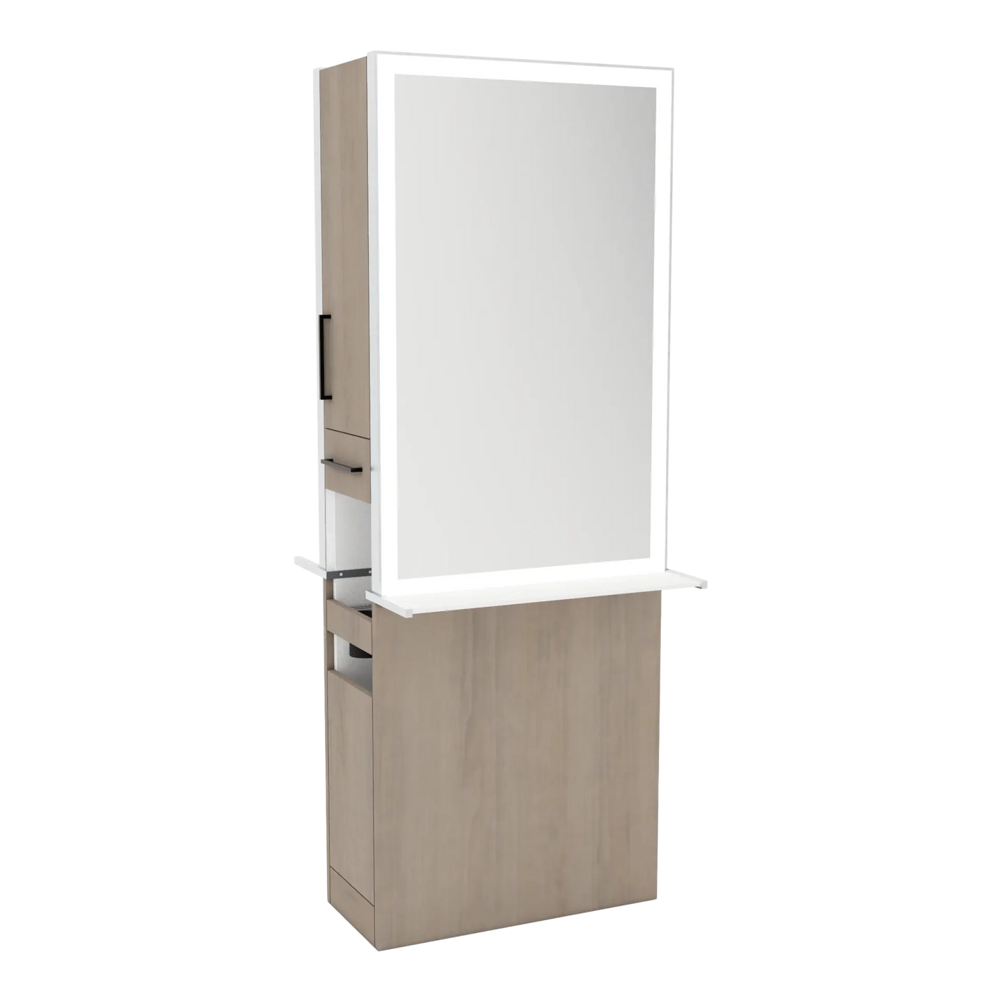 Glo Double Operator Styling Station with Slide-out Appliance Holder, Solid Surface Shelf, and Silver Rectangle Glo Mirror - Kaemark