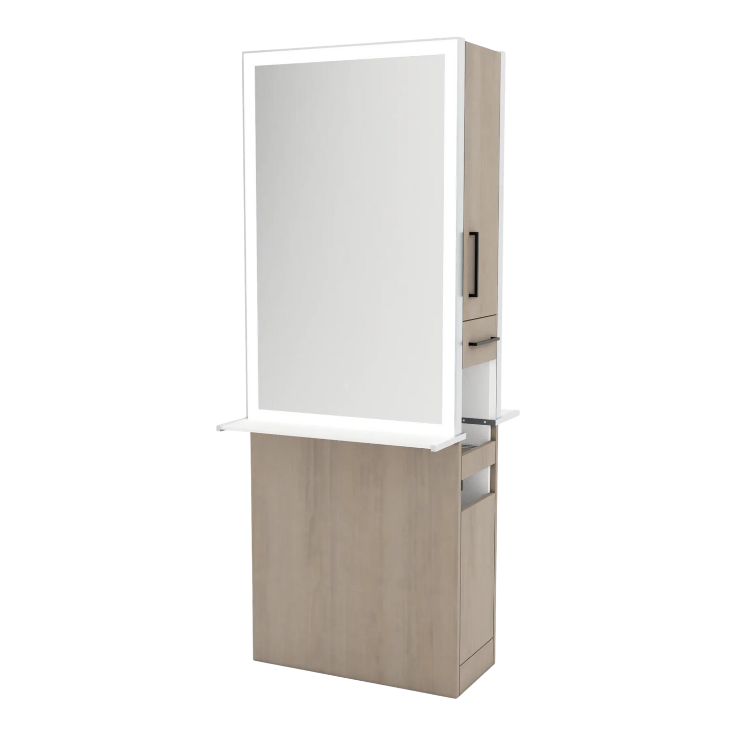 Glo Double Operator Styling Station with Slide-out Appliance Holder, Solid Surface Shelf, and Silver Rectangle Glo Mirror - Kaemark