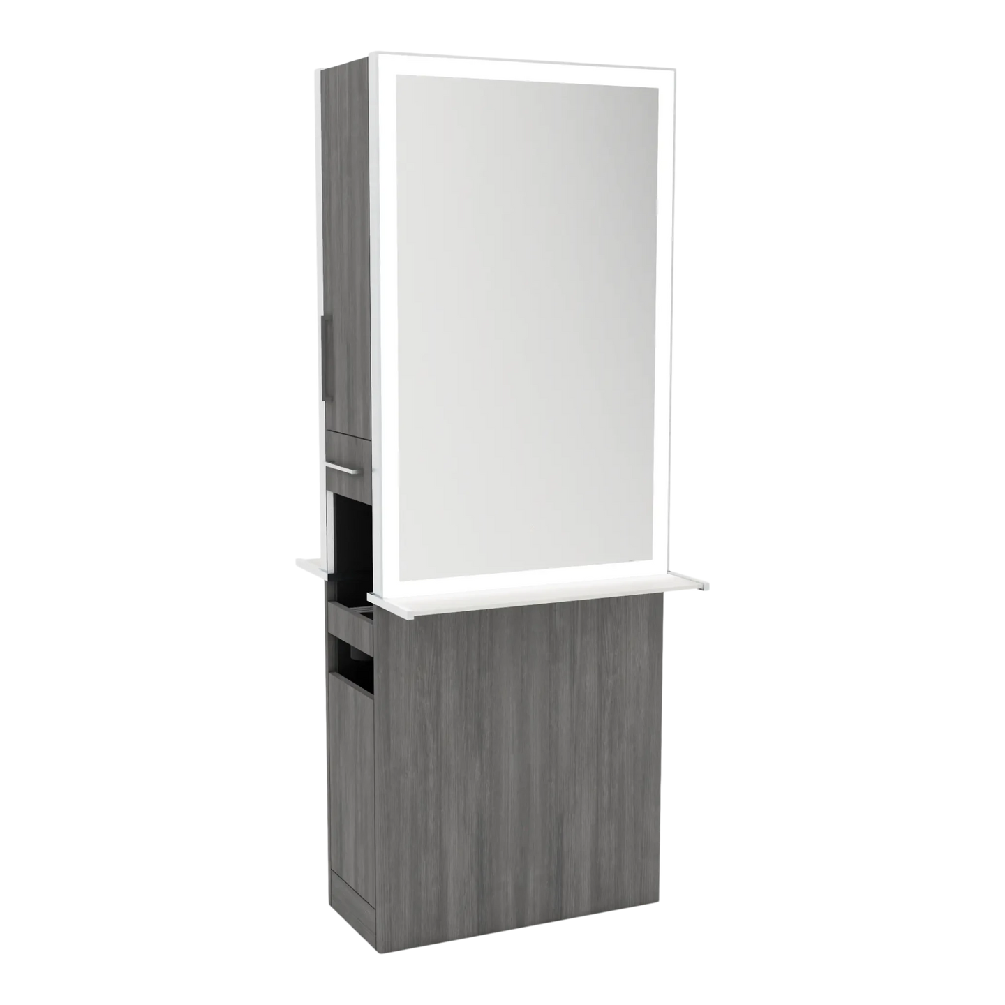 Glo Double Operator Styling Station with Slide-out Appliance Holder, Solid Surface Shelf, and Silver Rectangle Glo Mirror - Kaemark