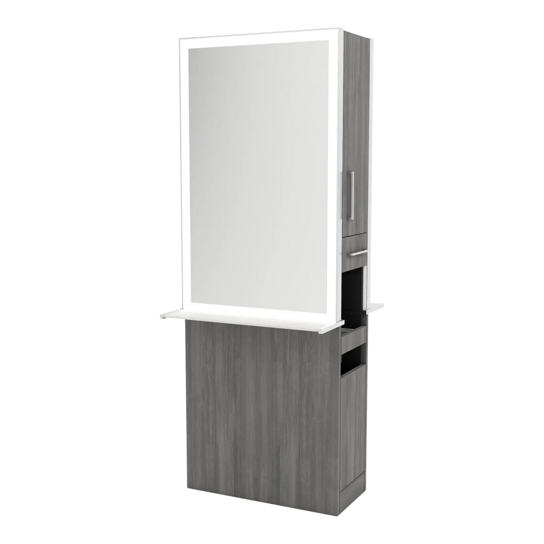 Glo Double Operator Styling Station with Slide-out Appliance Holder, Solid Surface Shelf, and Silver Rectangle Glo Mirror - Kaemark