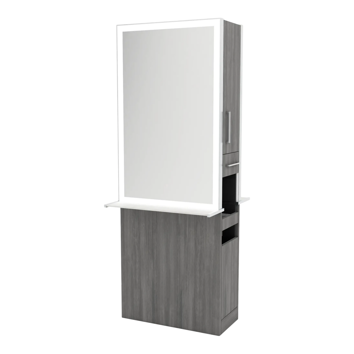 Glo Double Operator Styling Station with Slide-out Appliance Holder, Solid Surface Shelf, and Silver Rectangle Glo Mirror - Kaemark