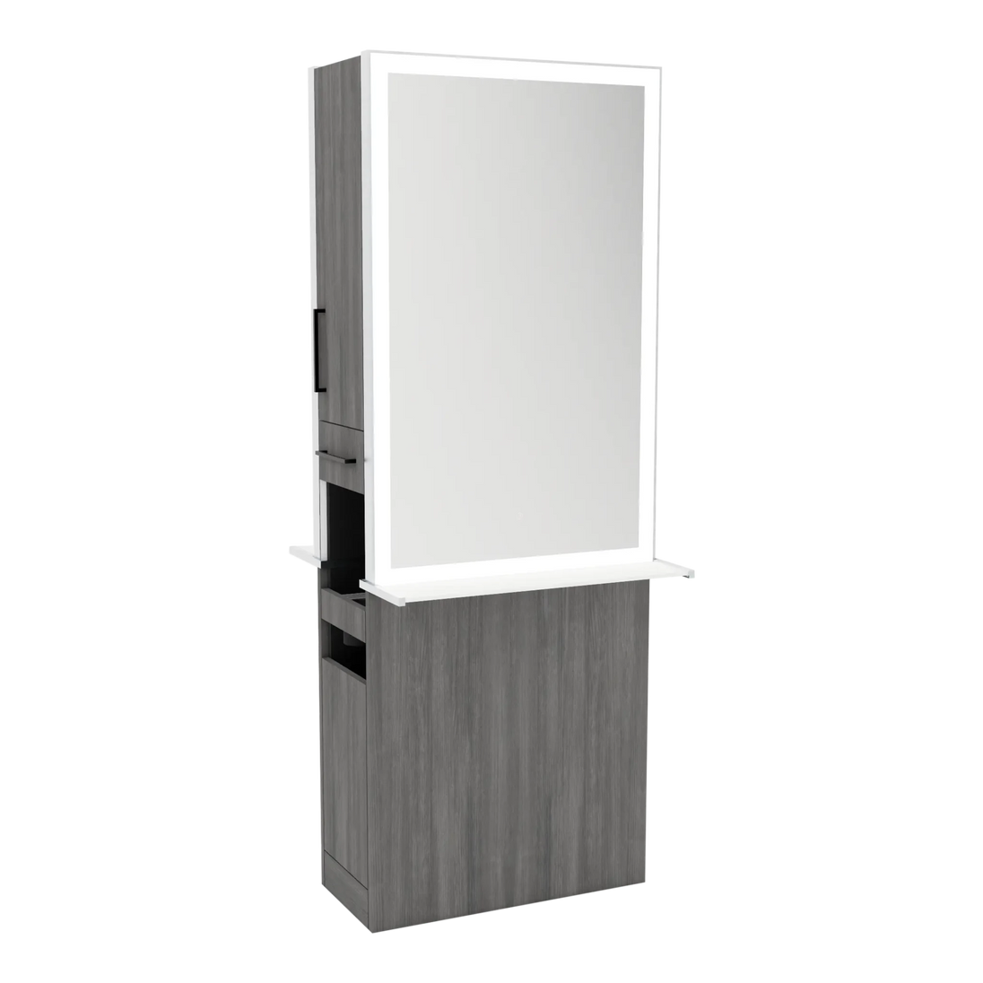 Glo Double Operator Styling Station with Slide-out Appliance Holder, Solid Surface Shelf, and Silver Rectangle Glo Mirror - Kaemark