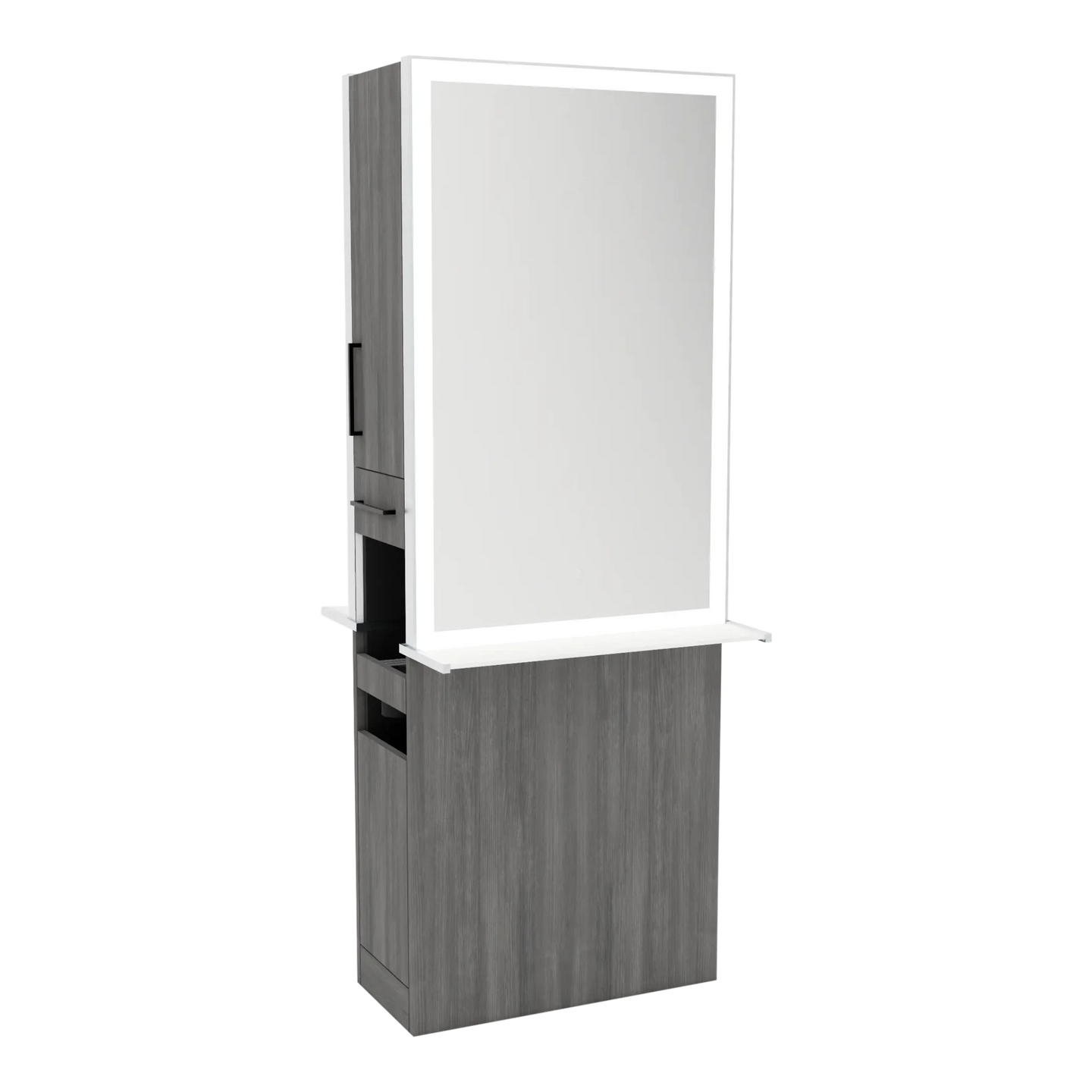 Glo Double Operator Styling Station with Slide-out Appliance Holder, Solid Surface Shelf, and Silver Rectangle Glo Mirror - Kaemark