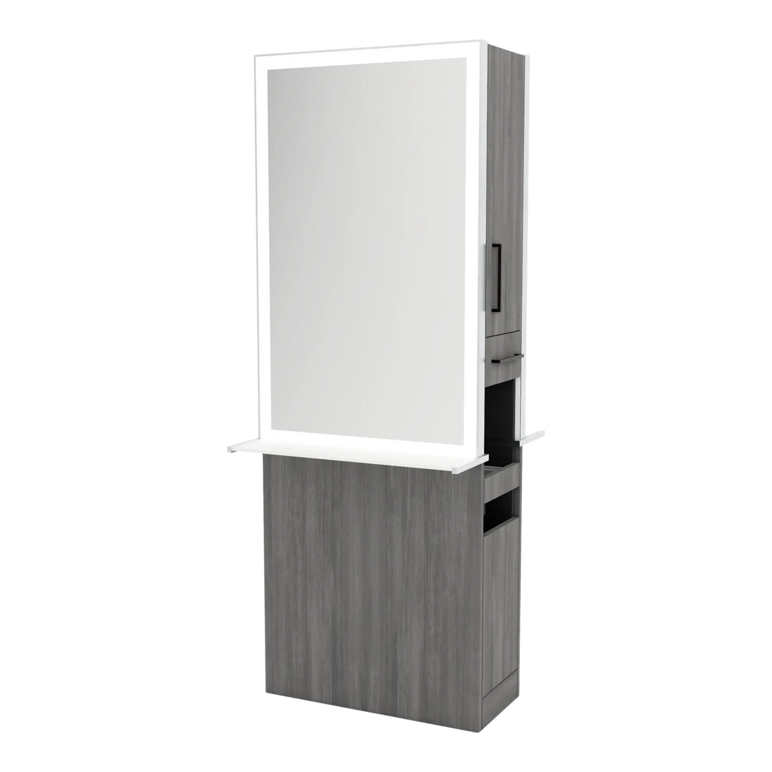 Glo Double Operator Styling Station with Slide-out Appliance Holder, Solid Surface Shelf, and Silver Rectangle Glo Mirror - Kaemark