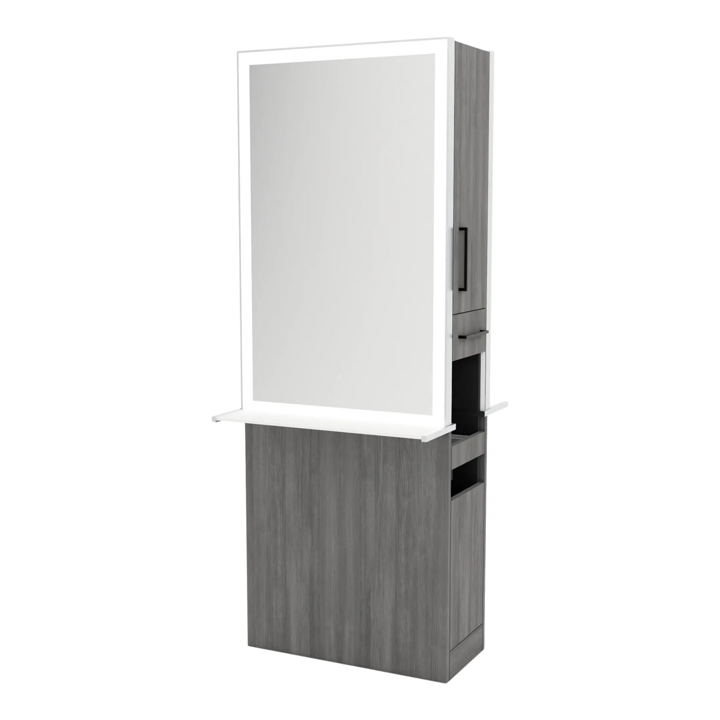 Glo Double Operator Styling Station with Slide-out Appliance Holder, Solid Surface Shelf, and Silver Rectangle Glo Mirror - Kaemark